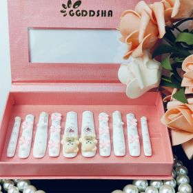 GGddsha White Long Nails With Cute Bear Rose Bow DesignReusable PMMA Acrylic Handmade Nails Full Deluxe 3D FakeNails With Pearls W Box Ladies Gif (Option: M)