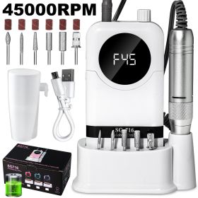 Electric Nail Drill Professional Kit - 45000RPM Portable Nail File Electric E File With 6 Bits & Base-LED Screen-Ultra-Silent, Rechargeable Nail (Option: White)