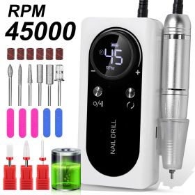Professional Electric Nail Drill Machine, 45000RPM Rechargeable E-File Nail Drill Cordless, Electric Nail File Kit, Portable Electronic Grinder, (Option: White)